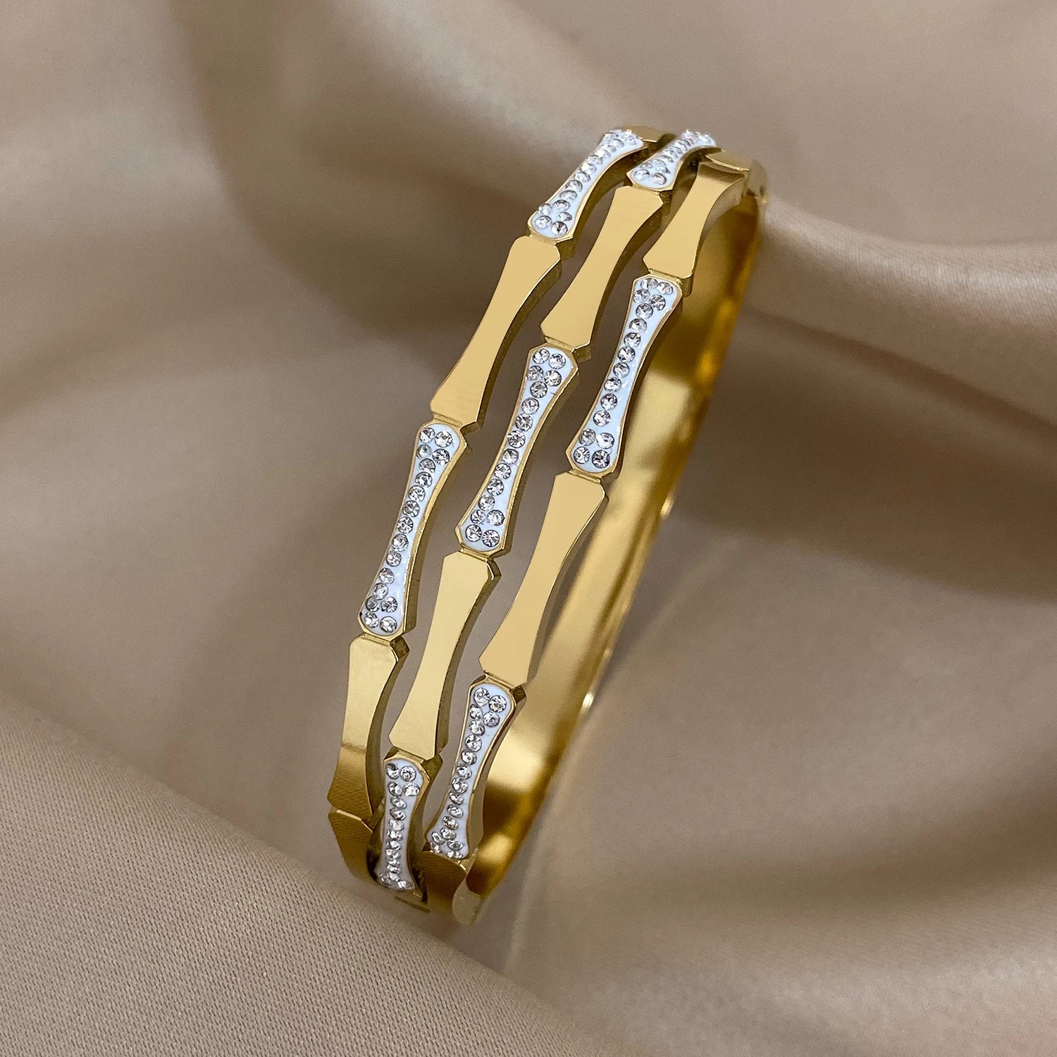 Luxury Stainless Steel Cuff Bracelet For Women Mens Gold Silver Color Couple Bracelets Green White Rhinestone Wide Bangle Gift-Dollar Bargains Online Shopping Australia