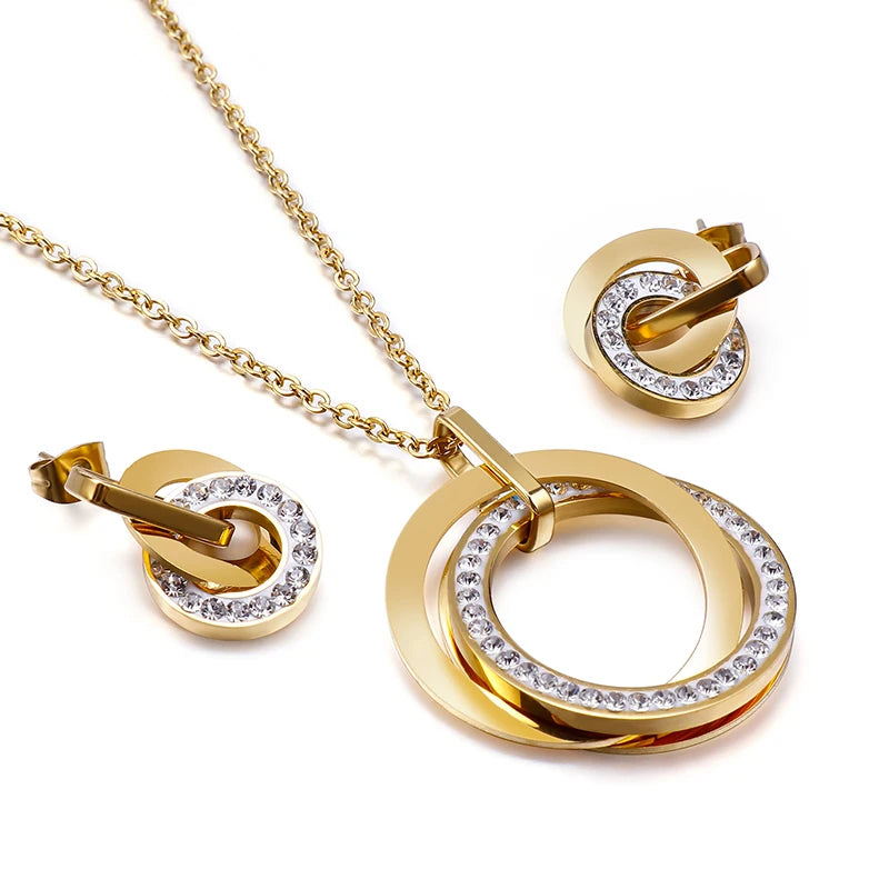 Stainless Steel Jewelry Sets For Women Three Rounds Pendant Necklace Earrings Set Women Fashion Zirconia Wedding Jewelry-Dollar Bargains Online Shopping Australia