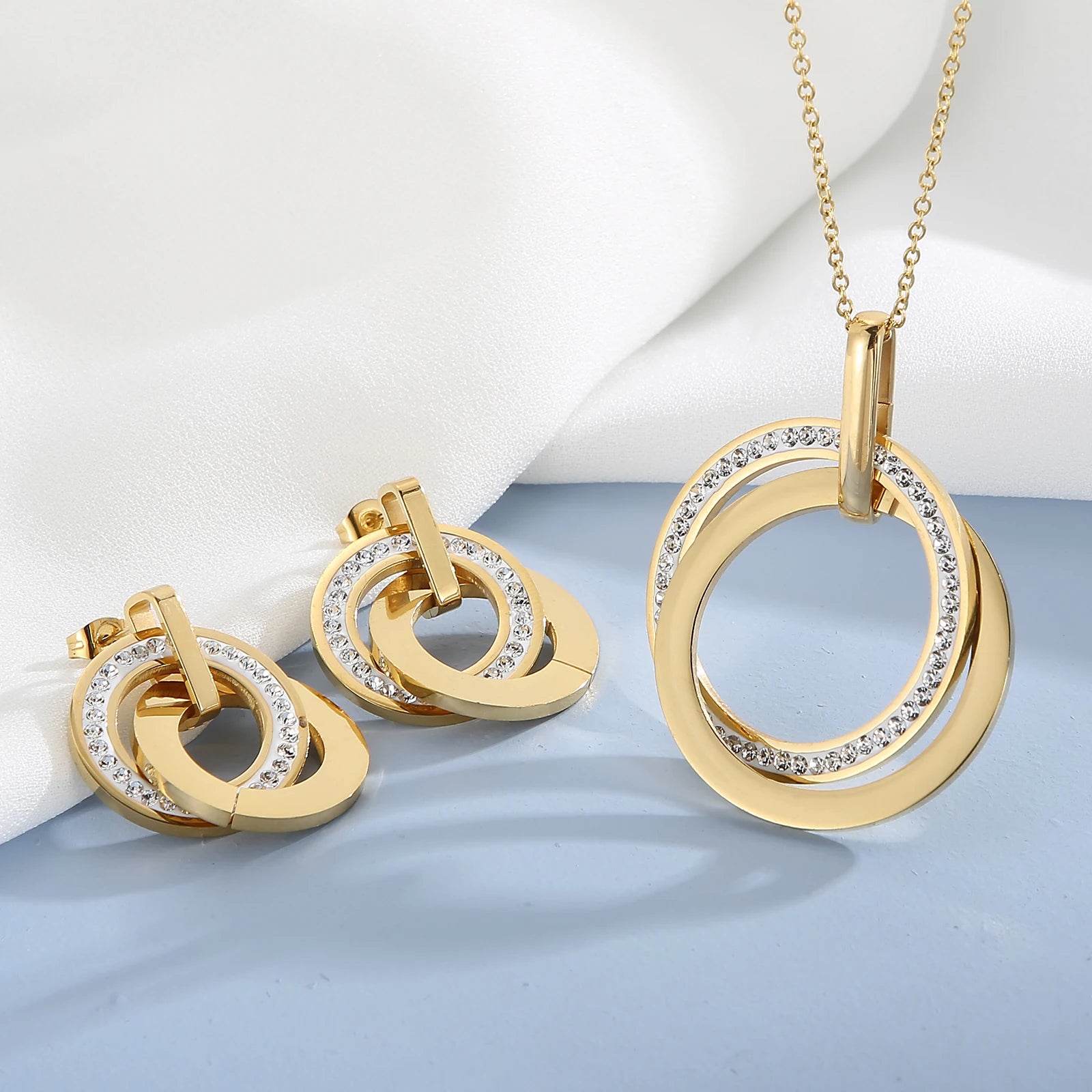 Stainless Steel Jewelry Sets For Women Three Rounds Pendant Necklace Earrings Set Women Fashion Zirconia Wedding Jewelry-Dollar Bargains Online Shopping Australia