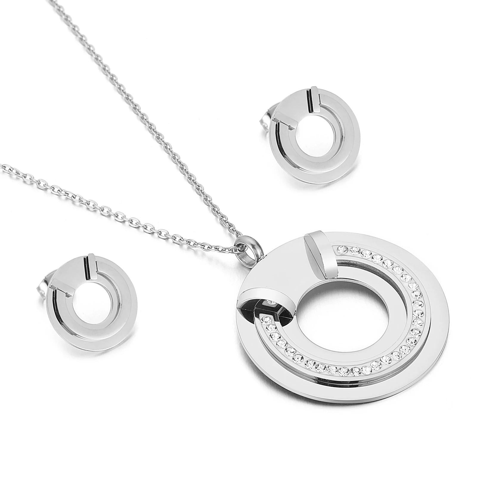 Stainless Steel Jewelry Sets For Women Three Rounds Pendant Necklace Earrings Set Women Fashion Zirconia Wedding Jewelry-Dollar Bargains Online Shopping Australia