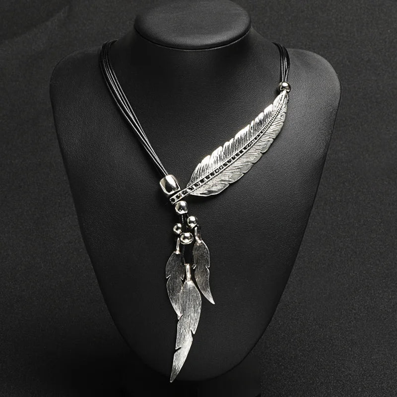 New Bohemian Style Rope Chain Leaf Feather Pattern Pendant For Women Fine Jewelry Statement Necklace-Dollar Bargains Online Shopping Australia