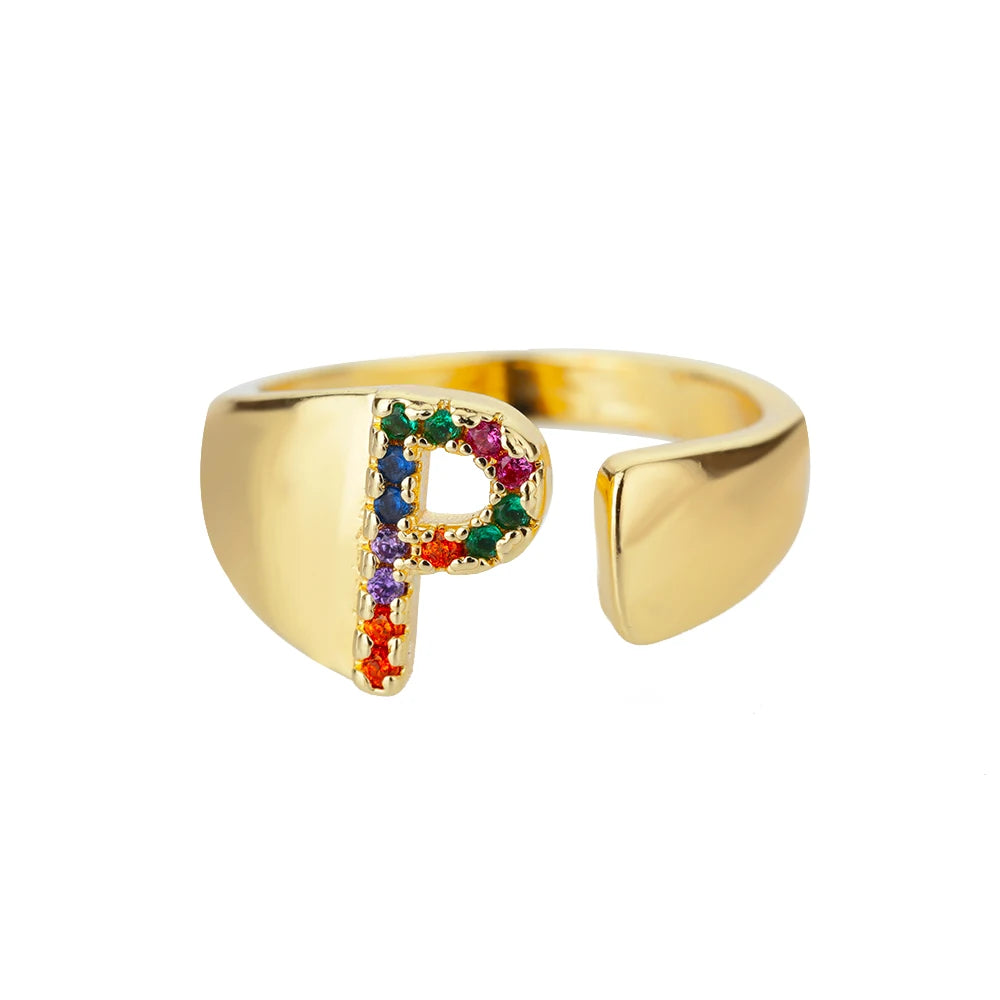 Rainbow Zircon Letter Rings For Women Fashion Chunky Wide Letter A-Z Stainless Steel Ring Wedding Boho-Dollar Bargains Online Shopping Australia