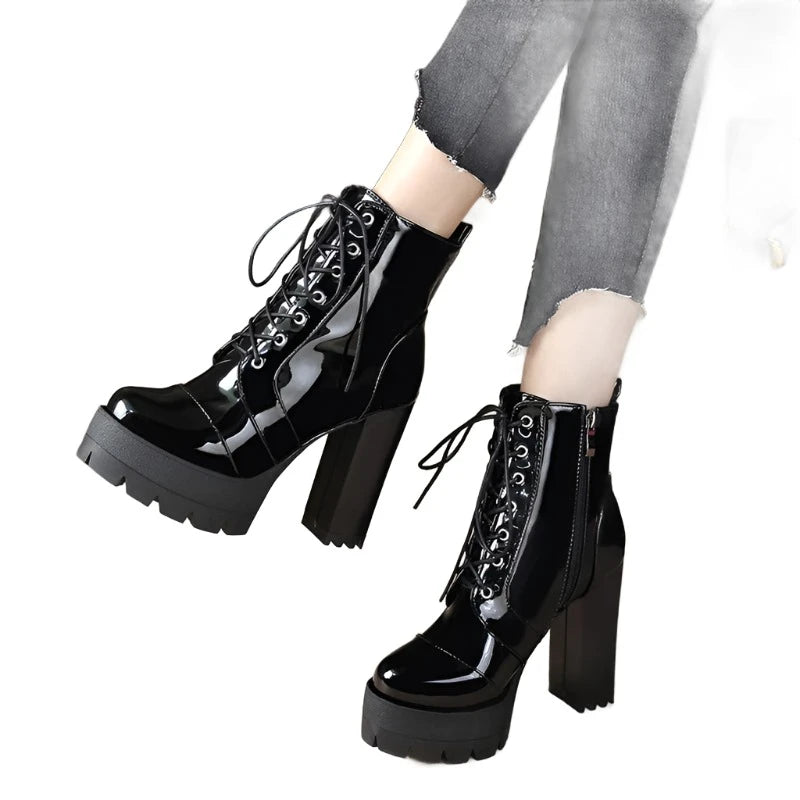 Thick High Heeled Female Patent Leather Ankle Boots Round Toe Lace-up Zipper Women Short Boots Gothic Women Shoes-Dollar Bargains Online Shopping Australia