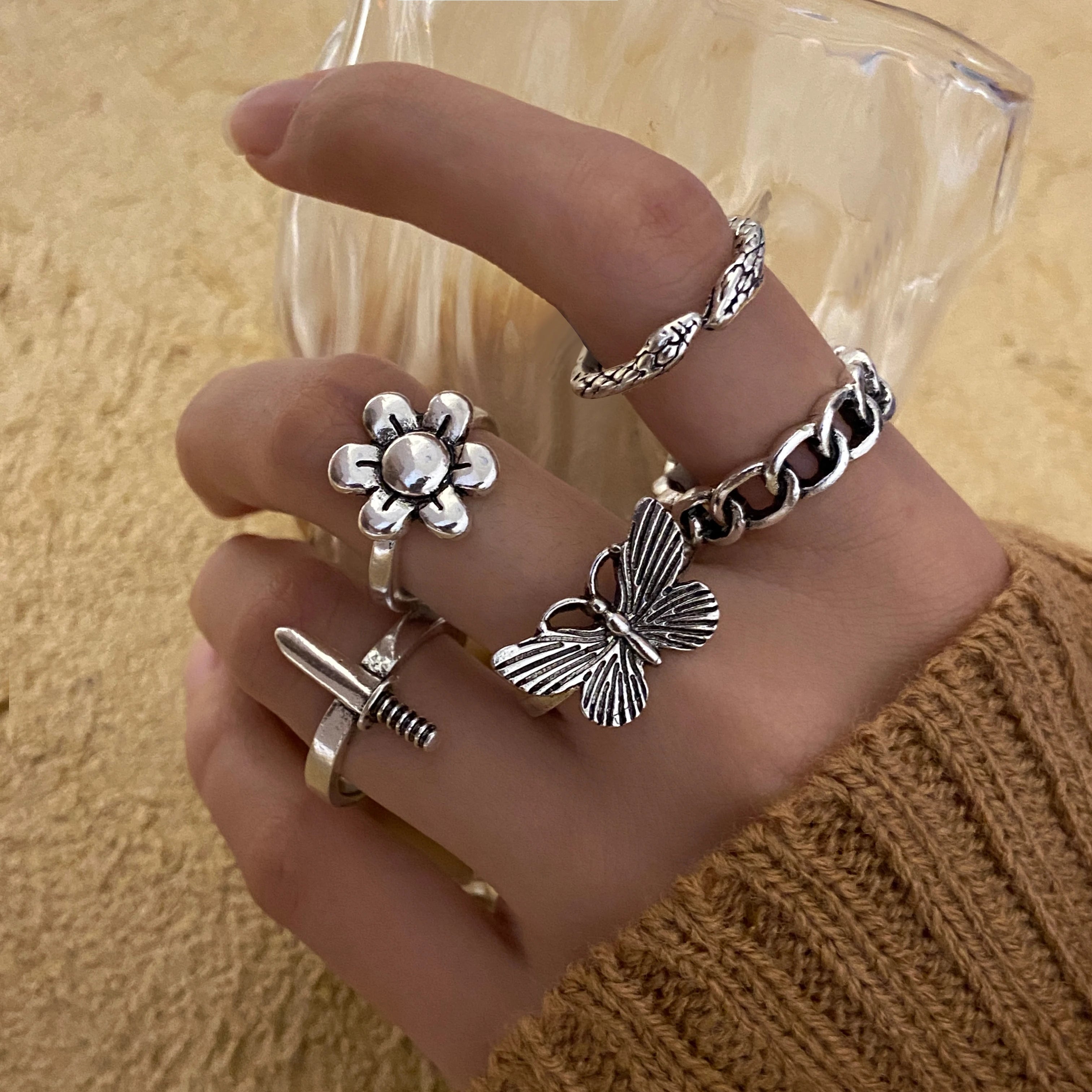 Vintage Gothic Butterfly Snake Angle Flower Multi Element Ring Set For Women Men Retro Personality Finger Adjustable Ring Gifts-Dollar Bargains Online Shopping Australia