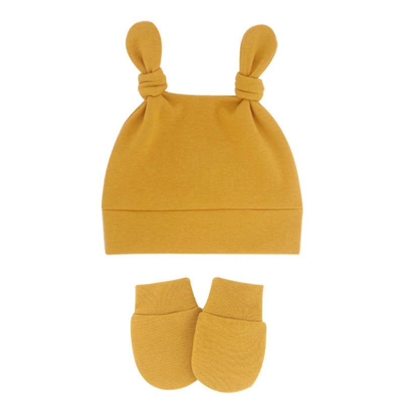 Baby Cute Top Knot Rabbit Ears Beanies Hospital Hat and Mittens Set Newborn Infant Solid Color Stretchy Warm-Dollar Bargains Online Shopping Australia