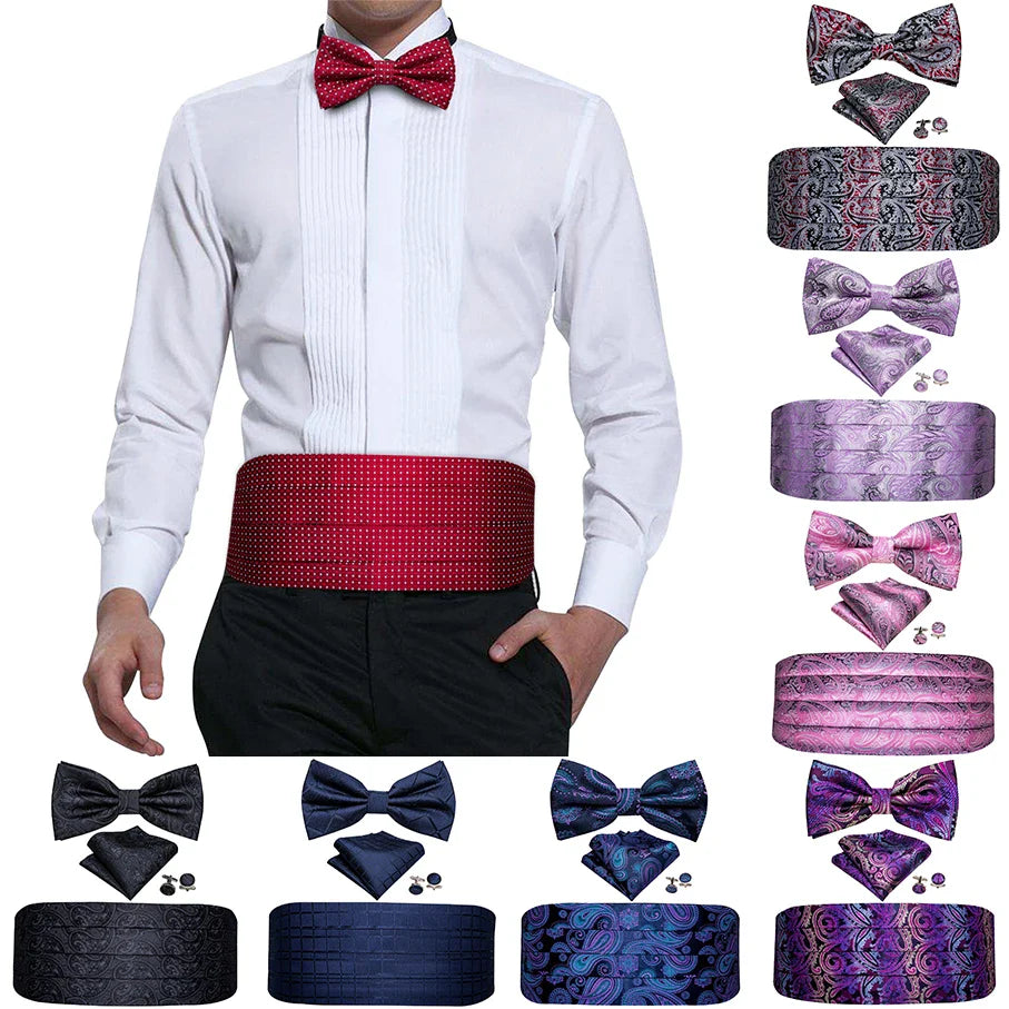 Black Paisley Men Cummerbund Silk Floral Bow Tie Set Pocket Square Cufflink Formal Tuxedo Suit Accessories