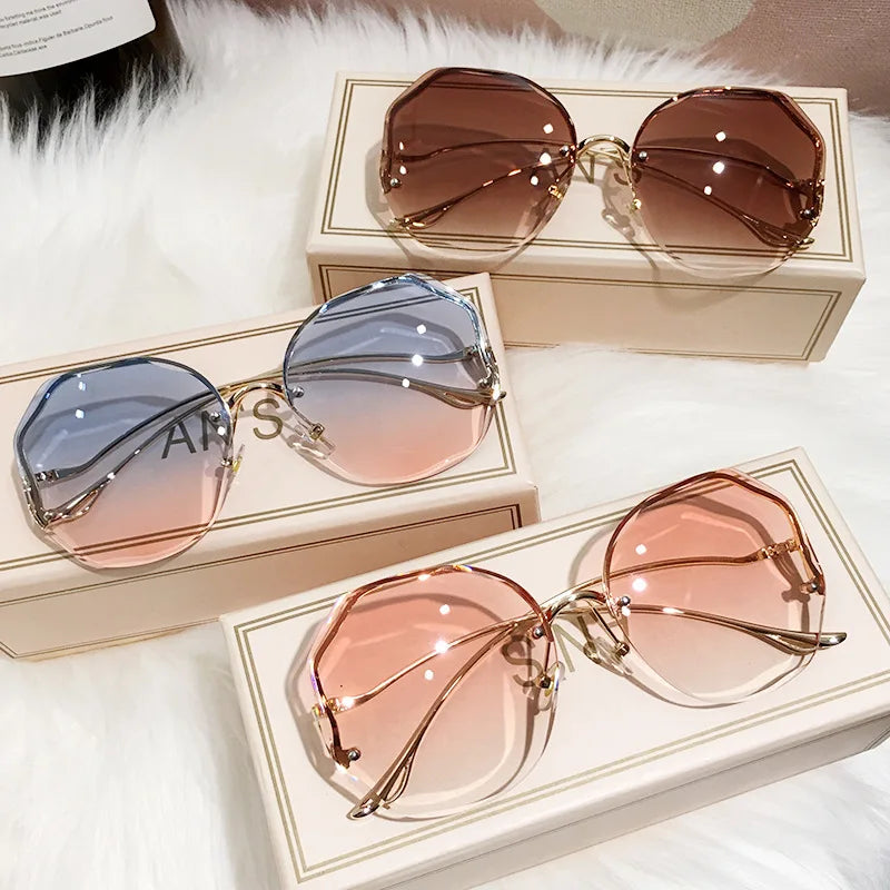 Irregular Round Sunglasses Woman Brand Designer Gradient Fashion Sun Glasses Female Rimless Metal Curved Temples-Dollar Bargains Online Shopping Australia