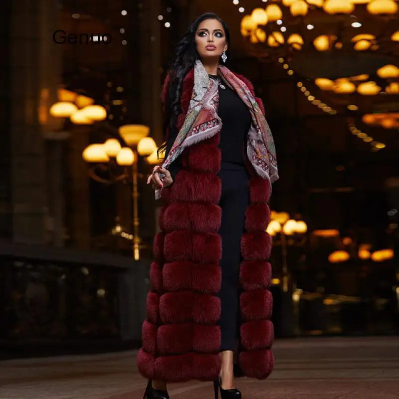 10-section Luxury Faux Fur Winter Vest Jacket Sleeveless Thick Warm Horizontal Striped Long Style Fluffy