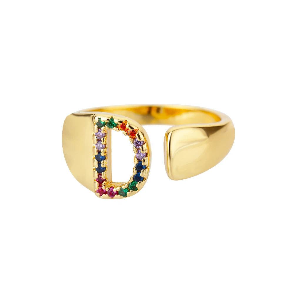 Rainbow Zircon Letter Rings For Women Fashion Chunky Wide Letter A-Z Stainless Steel Ring Wedding Boho-Dollar Bargains Online Shopping Australia