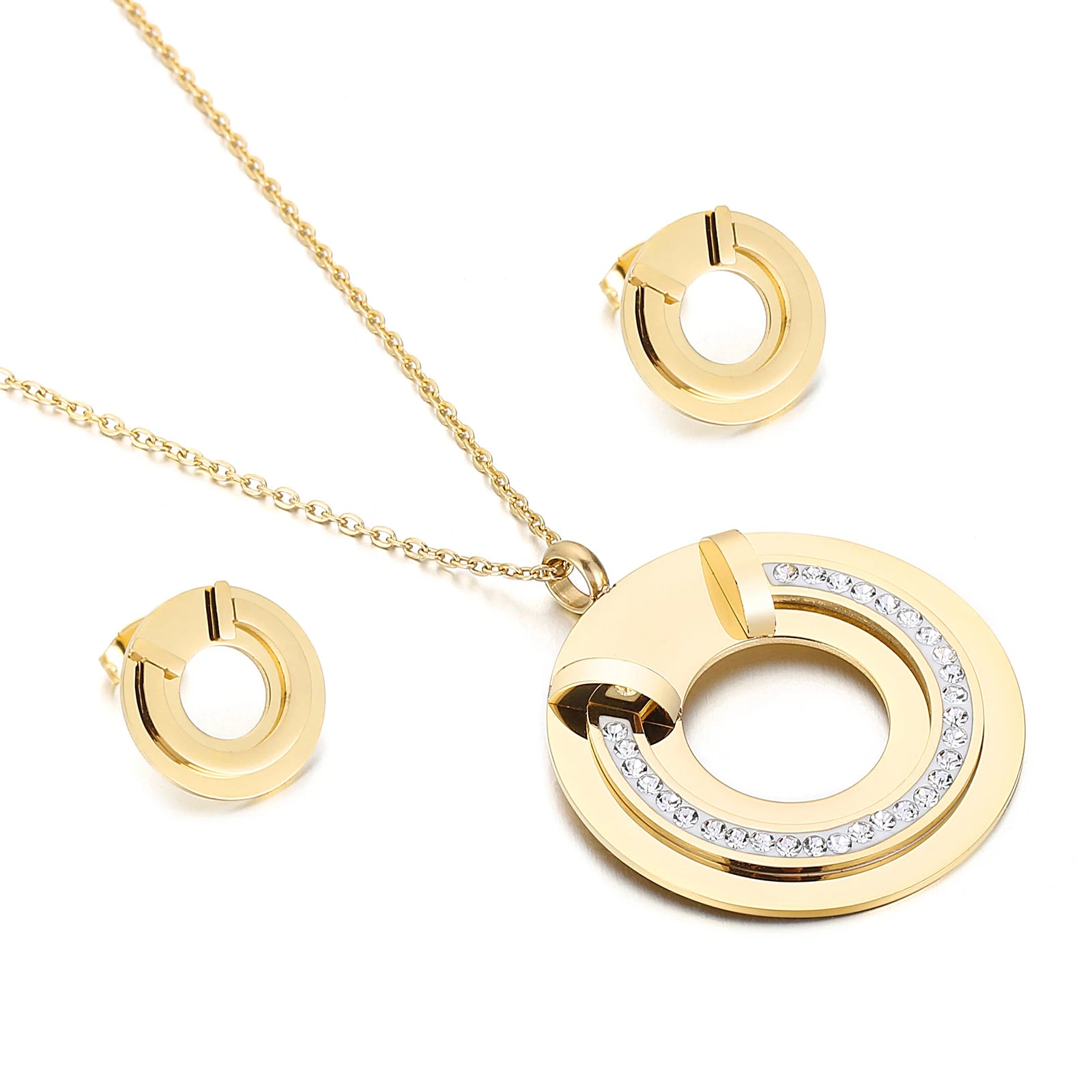 Stainless Steel Jewelry Sets For Women Three Rounds Pendant Necklace Earrings Set Women Fashion Zirconia Wedding Jewelry-Dollar Bargains Online Shopping Australia