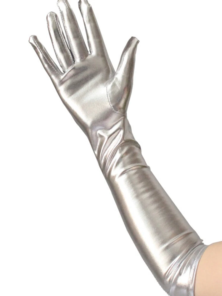 Gold Silver Wet Look Fake Leather Metallic Gloves Evening Party Performance Mittens Women Sexy Elbow Length Long Latex Gloves-Dollar Bargains Online Shopping Australia