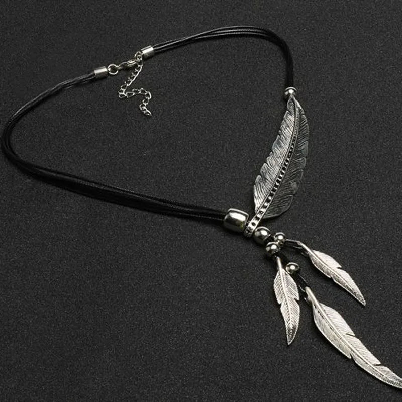 New Bohemian Style Rope Chain Leaf Feather Pattern Pendant For Women Fine Jewelry Statement Necklace-Dollar Bargains Online Shopping Australia