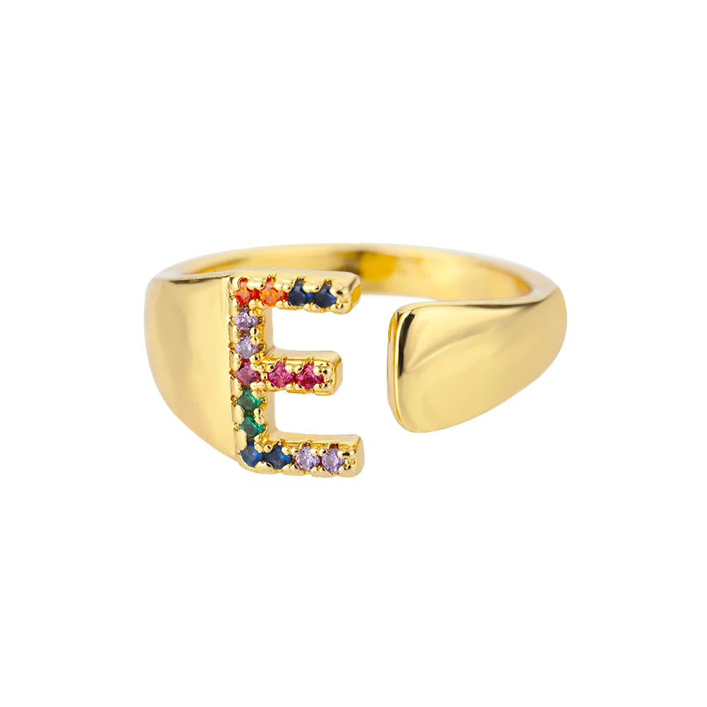 Rainbow Zircon Letter Rings For Women Fashion Chunky Wide Letter A-Z Stainless Steel Ring Wedding Boho-Dollar Bargains Online Shopping Australia