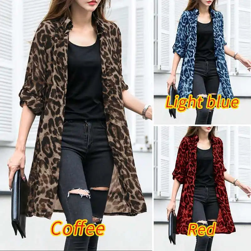 Leopard Cardigans Women's Summer Blouses Long Kimono Cape Female Lapel Tunic-Dollar Bargains Online Shopping Australia