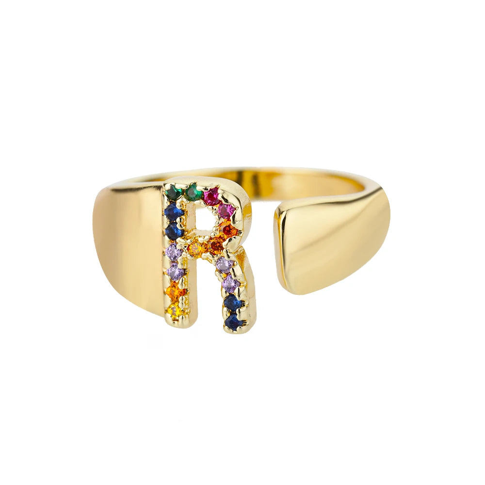 Rainbow Zircon Letter Rings For Women Fashion Chunky Wide Letter A-Z Stainless Steel Ring Wedding Boho-Dollar Bargains Online Shopping Australia