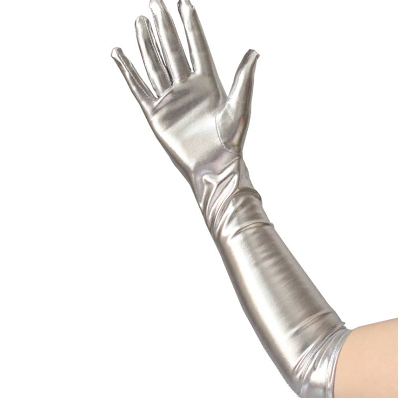 Gold Silver Wet Look Fake Leather Metallic Gloves Evening Party Performance Mittens Women Sexy Elbow Length Long Latex Gloves-Dollar Bargains Online Shopping Australia