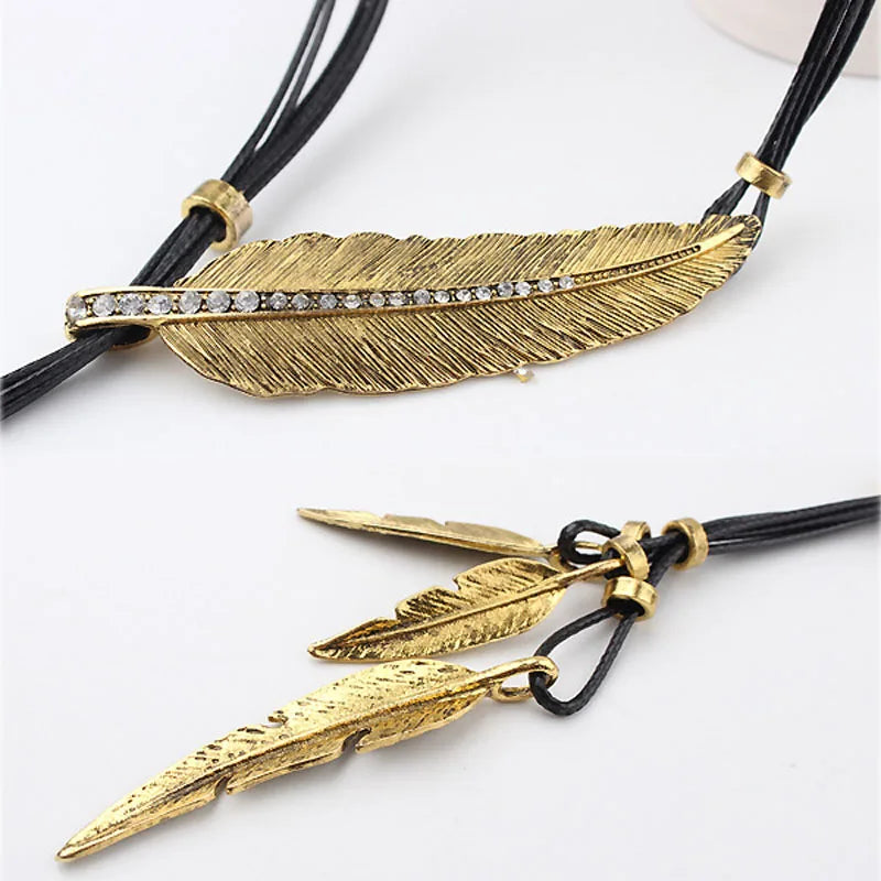 New Bohemian Style Rope Chain Leaf Feather Pattern Pendant For Women Fine Jewelry Statement Necklace-Dollar Bargains Online Shopping Australia