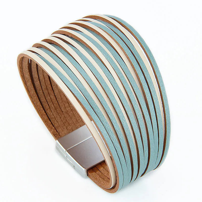 Mixed Color Multilayer Women Bracelet Handmade Leather Bracelet For Women Magnet Buckle Wide Bracelet