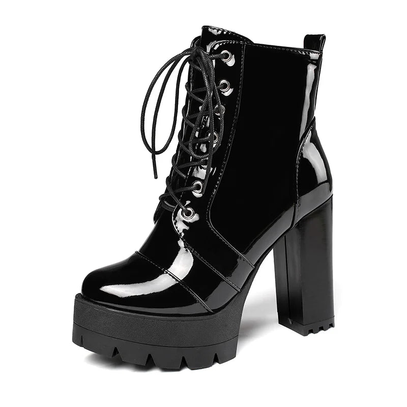 Thick High Heeled Female Patent Leather Ankle Boots Round Toe Lace-up Zipper Women Short Boots Gothic Women Shoes-Dollar Bargains Online Shopping Australia