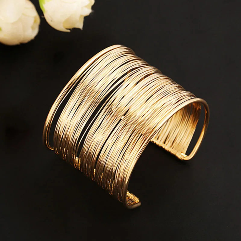 Punk Multilayer Metal Wires Strings Bracelets Bangles For Women Vintage Exaggerated Gold Color Wide Open Cuff Bangles Jewelry-Dollar Bargains Online Shopping Australia
