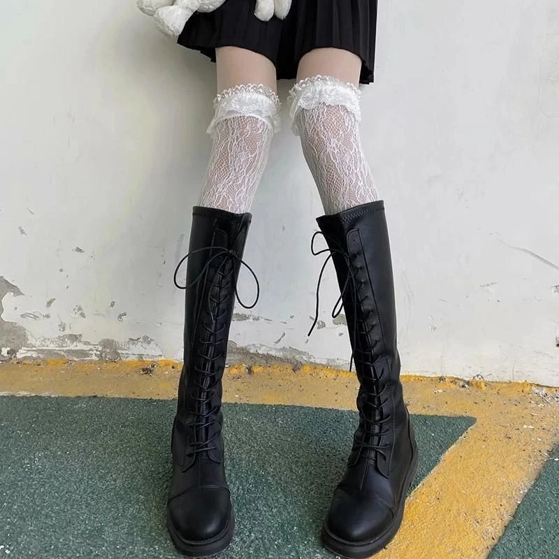 Japanese Style Stockings Lolita Bowknot Fishnet Knee Socks Anti-Snagging Women Hollow Lace Stocking Fish Net Pantyhose