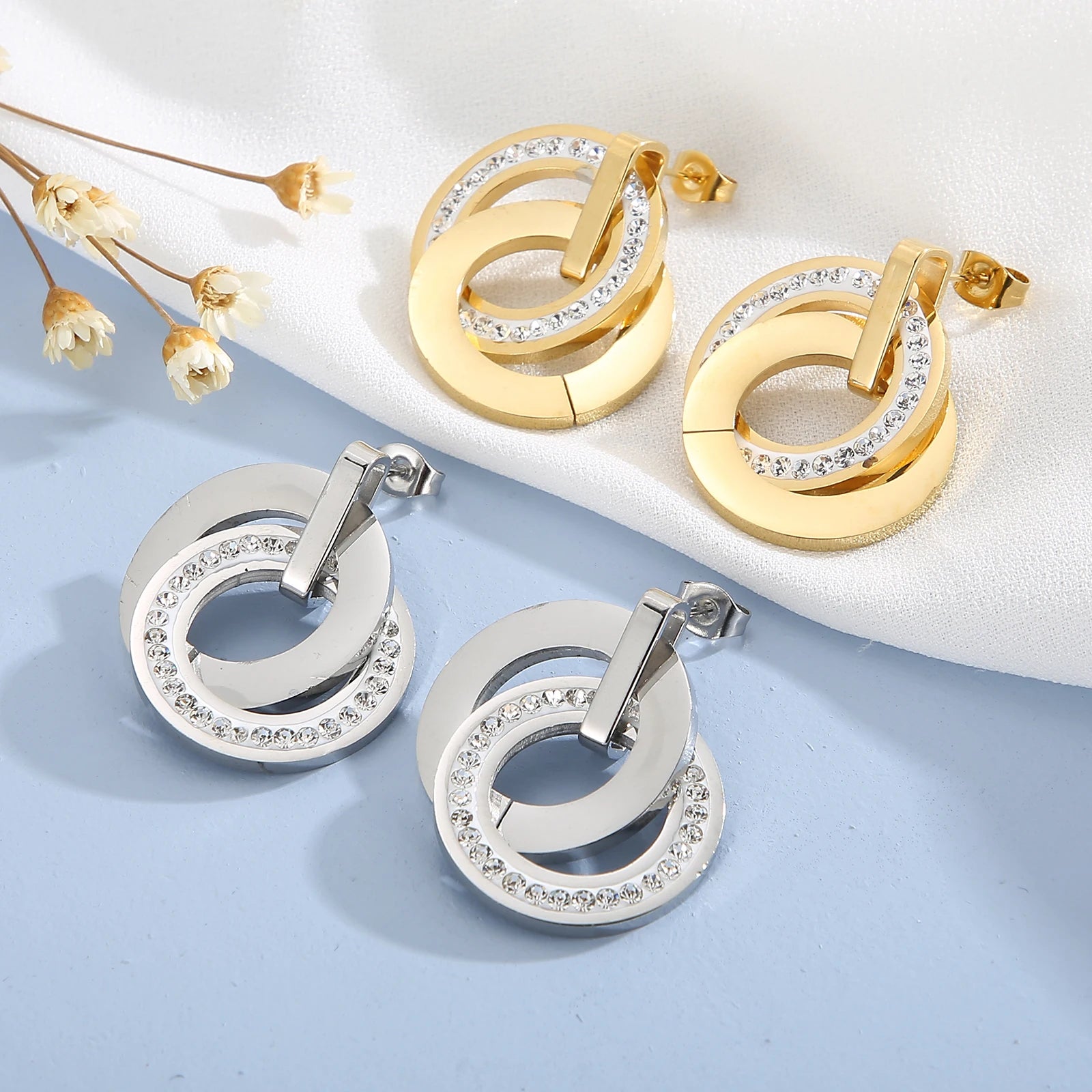 Stainless Steel Jewelry Sets For Women Three Rounds Pendant Necklace Earrings Set Women Fashion Zirconia Wedding Jewelry-Dollar Bargains Online Shopping Australia