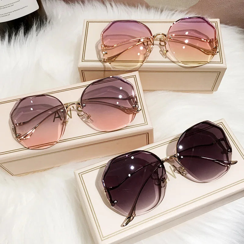 Irregular Round Sunglasses Woman Brand Designer Gradient Fashion Sun Glasses Female Rimless Metal Curved Temples-Dollar Bargains Online Shopping Australia