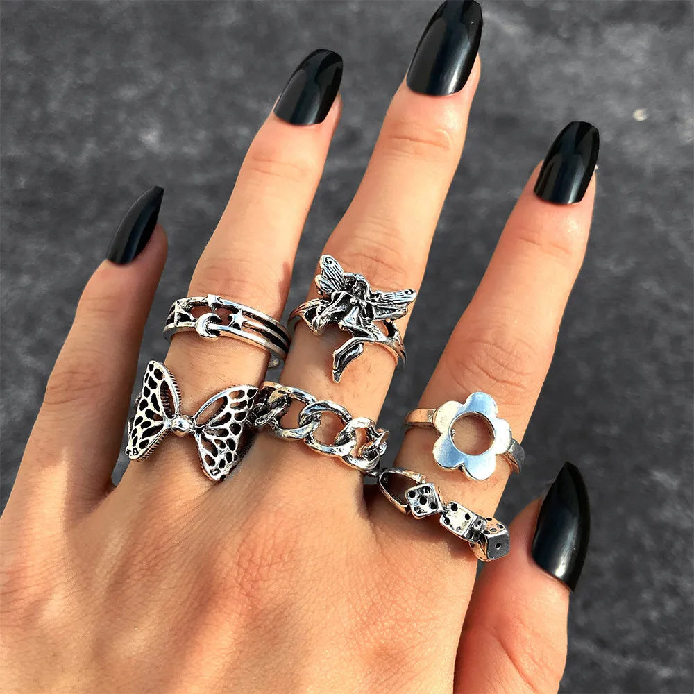 Vintage Gothic Butterfly Snake Angle Flower Multi Element Ring Set For Women Men Retro Personality Finger Adjustable Ring Gifts-Dollar Bargains Online Shopping Australia