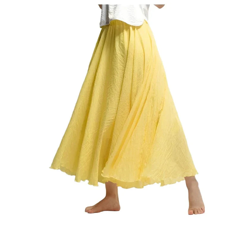 Women's Elegant High Waist Linen Maxi Skirt Summer Ladies Casual Elastic Waist 2 Layers Skirts