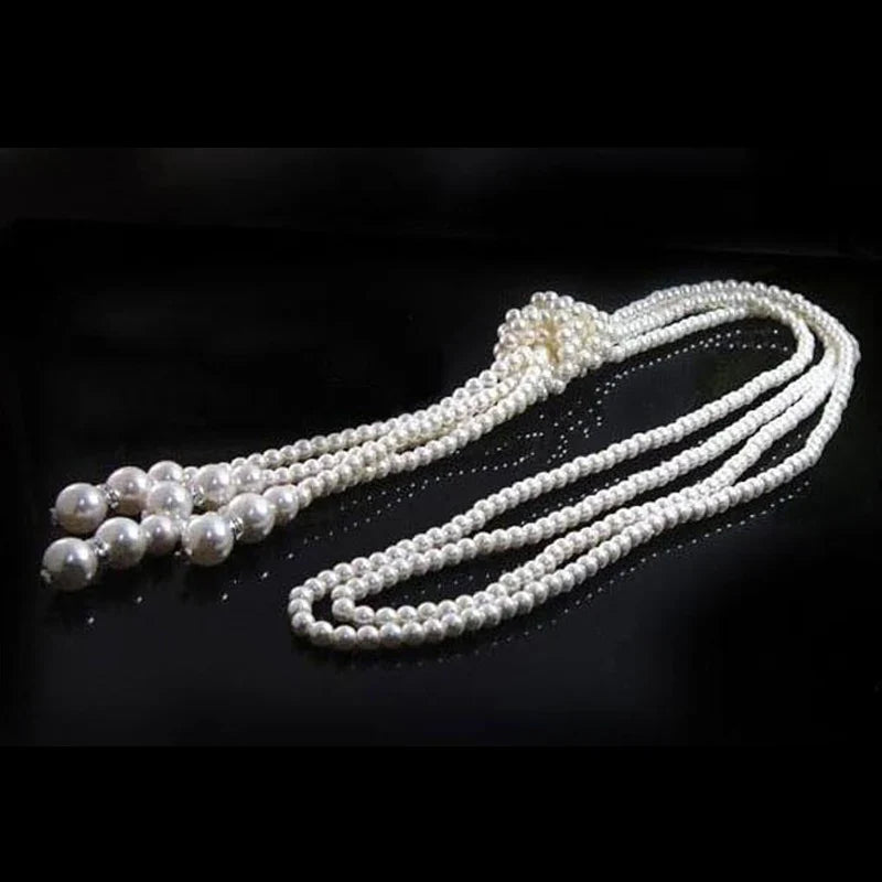 Classic Double Knot Simulated Pearl Tassel Long Necklace Long Knotted Tassel Necklace Female Fashion Sweater Boho Jewelry
