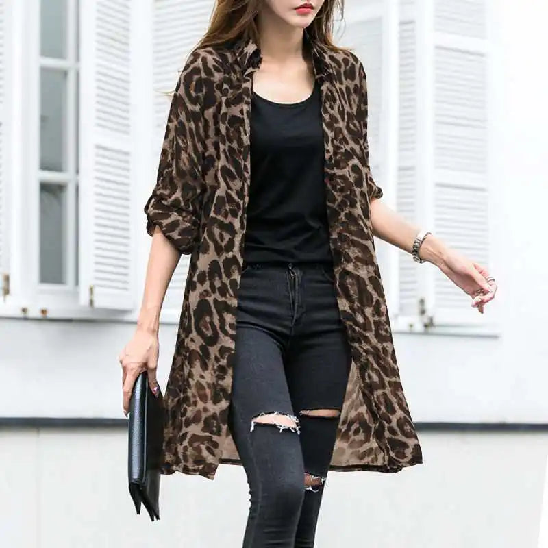 Leopard Cardigans Women's Summer Blouses Long Kimono Cape Female Lapel Tunic-Dollar Bargains Online Shopping Australia