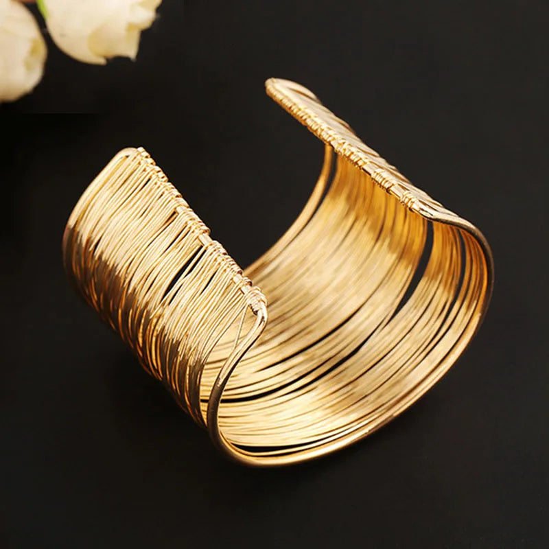 Punk Multilayer Metal Wires Strings Bracelets Bangles For Women Vintage Exaggerated Gold Color Wide Open Cuff Bangles Jewelry-Dollar Bargains Online Shopping Australia