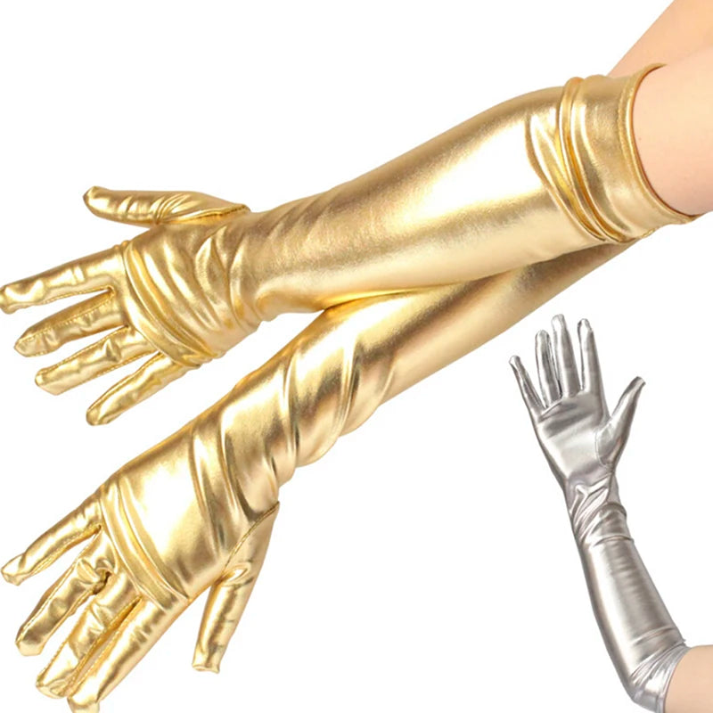 Gold Silver Wet Look Fake Leather Metallic Gloves Evening Party Performance Mittens Women Sexy Elbow Length Long Latex Gloves-Dollar Bargains Online Shopping Australia