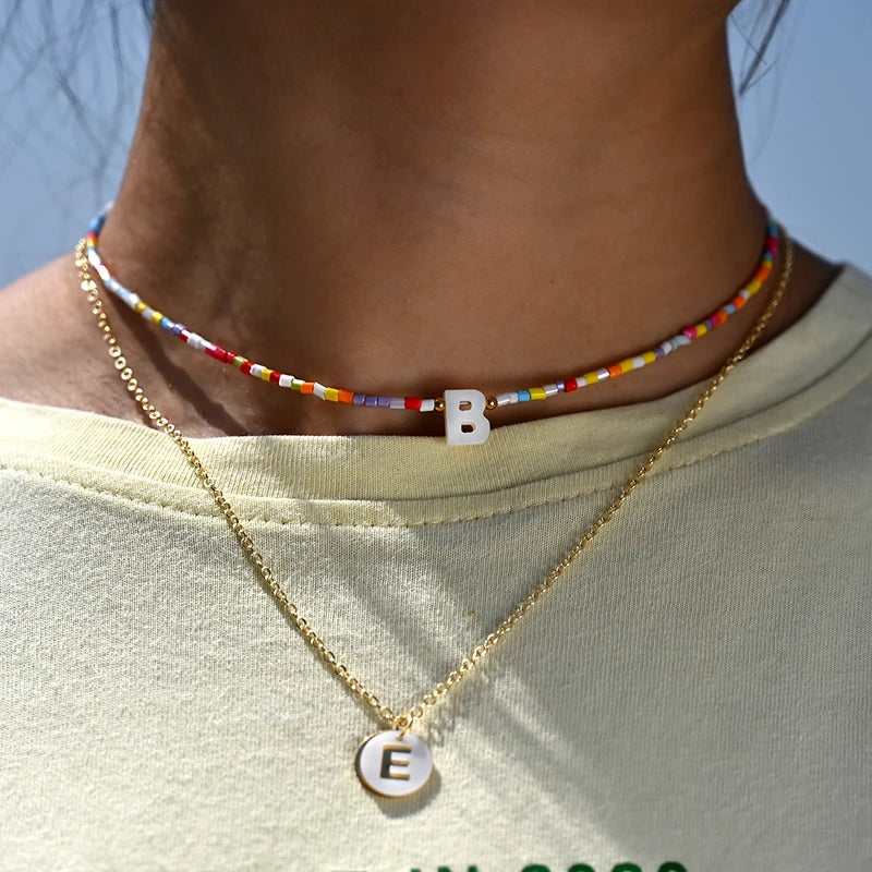 Bohemia Beaded Choker Necklace for Women Initial 26 Letters Pendant Chain Necklace Fashion Shell Pearl Jewelry Boho Accessories