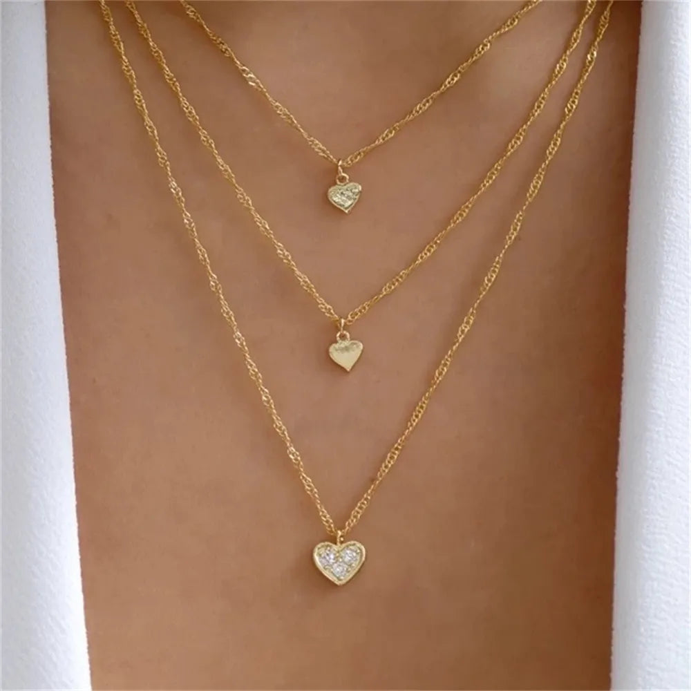 Fashion Gold Color Heart-Shaped Necklace For Women Trendy Multi-Layer Pendant Necklaces Set Jewelry Gifts