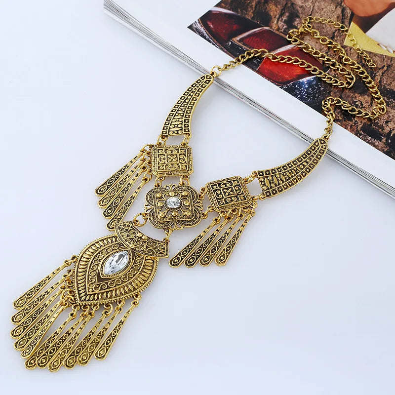 Vintage Tassel Statement Necklaces for Women Boho Ethnic Geometric Crystal Gold Silver Color Charm Femme Necklaces Jewelry-Dollar Bargains Online Shopping Australia