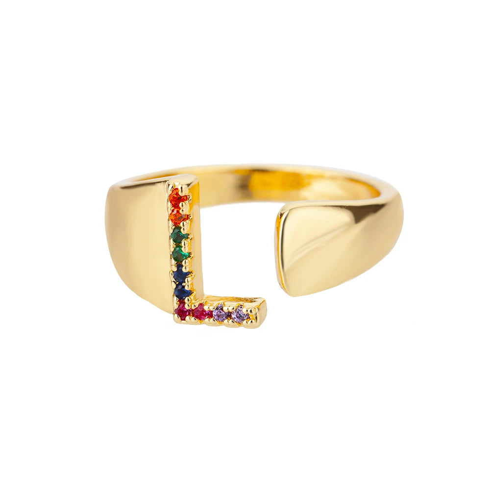 Rainbow Zircon Letter Rings For Women Fashion Chunky Wide Letter A-Z Stainless Steel Ring Wedding Boho-Dollar Bargains Online Shopping Australia
