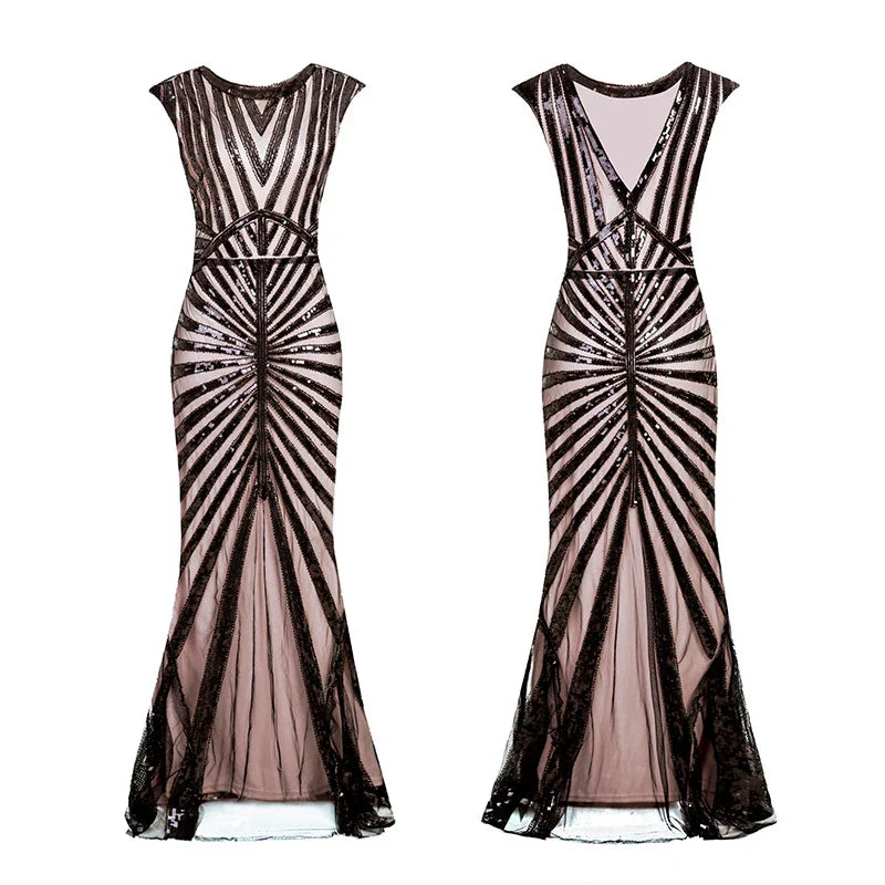 Women 1920s Great Gatsby Dress Long 20s Flapper Dress Vintage O Neck Sleeveless Backless Maxi Party Dress for Prom Cocktail