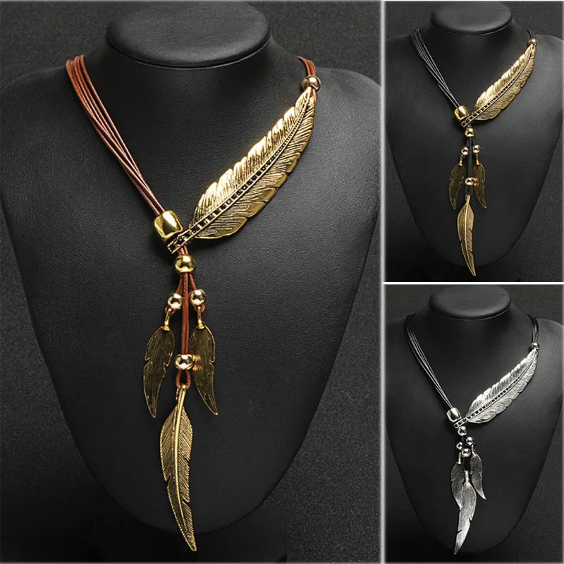 New Bohemian Style Rope Chain Leaf Feather Pattern Pendant For Women Fine Jewelry Statement Necklace-Dollar Bargains Online Shopping Australia