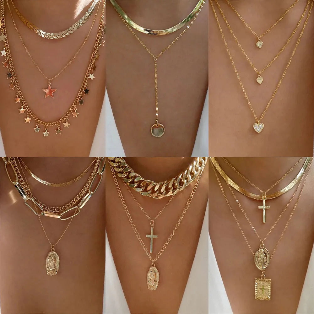 Fashion Gold Color Heart-Shaped Necklace For Women Trendy Multi-Layer Pendant Necklaces Set Jewelry Gifts