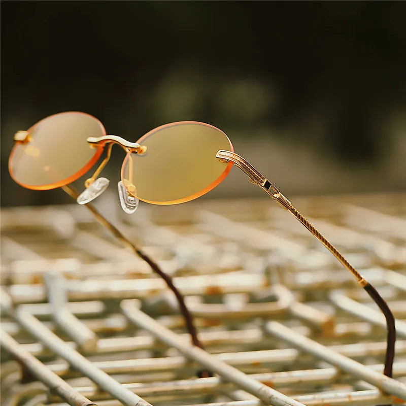 Retro Oval Sunglasses Rimless Man Blue Mirror Gold Metal Male Glasses Round Frameless Women UV400-Dollar Bargains Online Shopping Australia