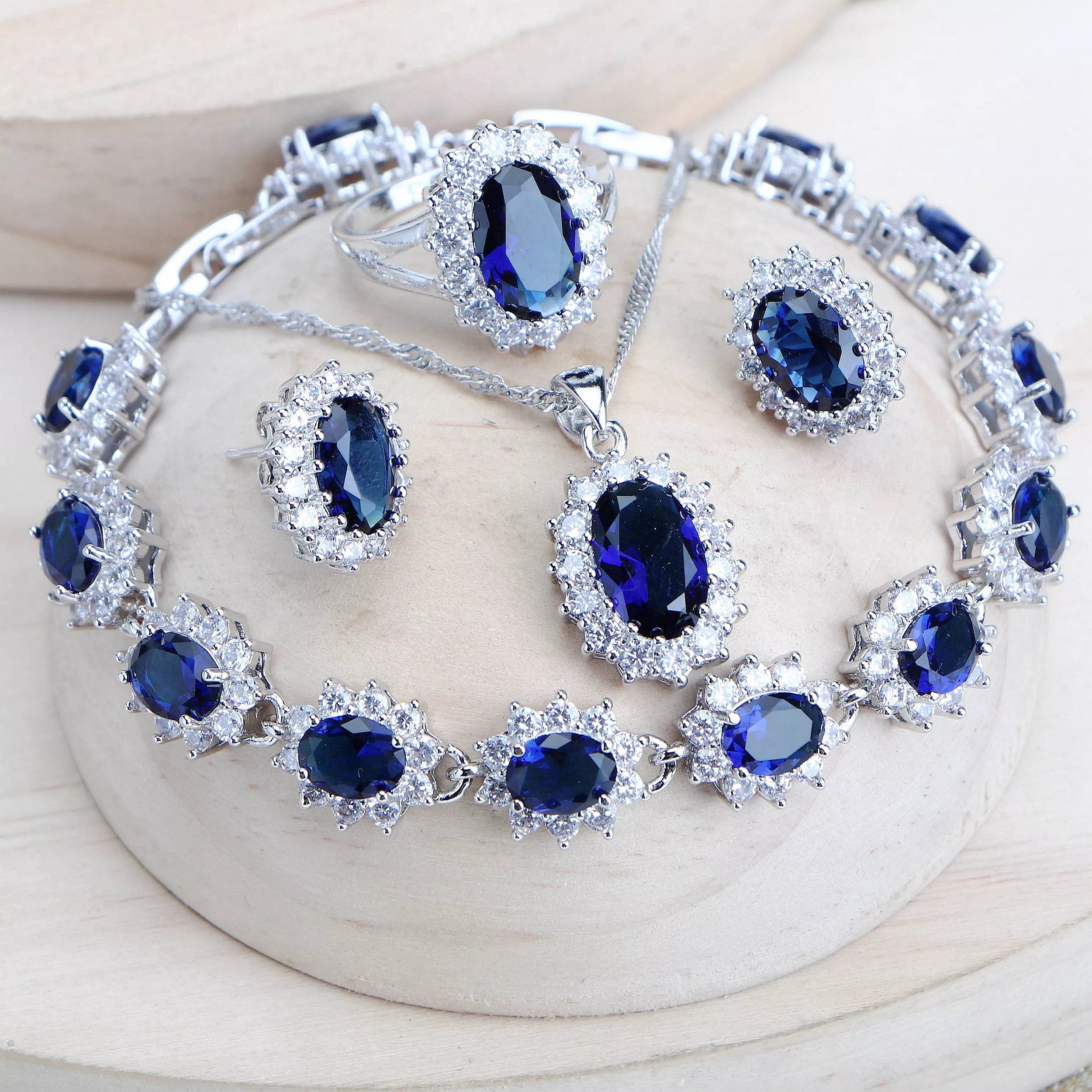 Silver 925 Women Bridal Jewelry Sets Blue Zirconia Costume Fine Jewellery Wedding Necklace Earrings Rings Bracelets Pendant Set-Dollar Bargains Online Shopping Australia