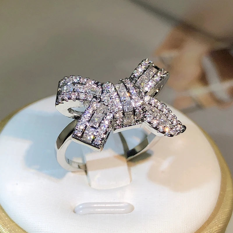 925 Silver Color Bowknot Bow Knot Bling Zircon Stone Rings for Women Fashion Wedding Engagement Jewelry-Dollar Bargains Online Shopping Australia