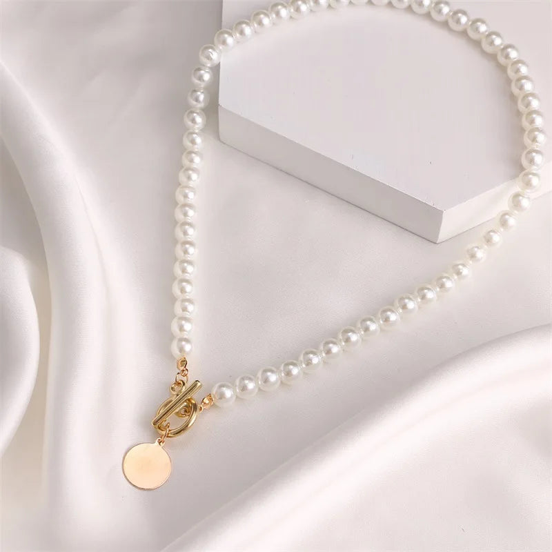 Wedding Pearl Choker Necklace For Women Vintage Coin Lock Pendant Chain Jewelry on the Neck Accessories Party Gift-Dollar Bargains Online Shopping Australia