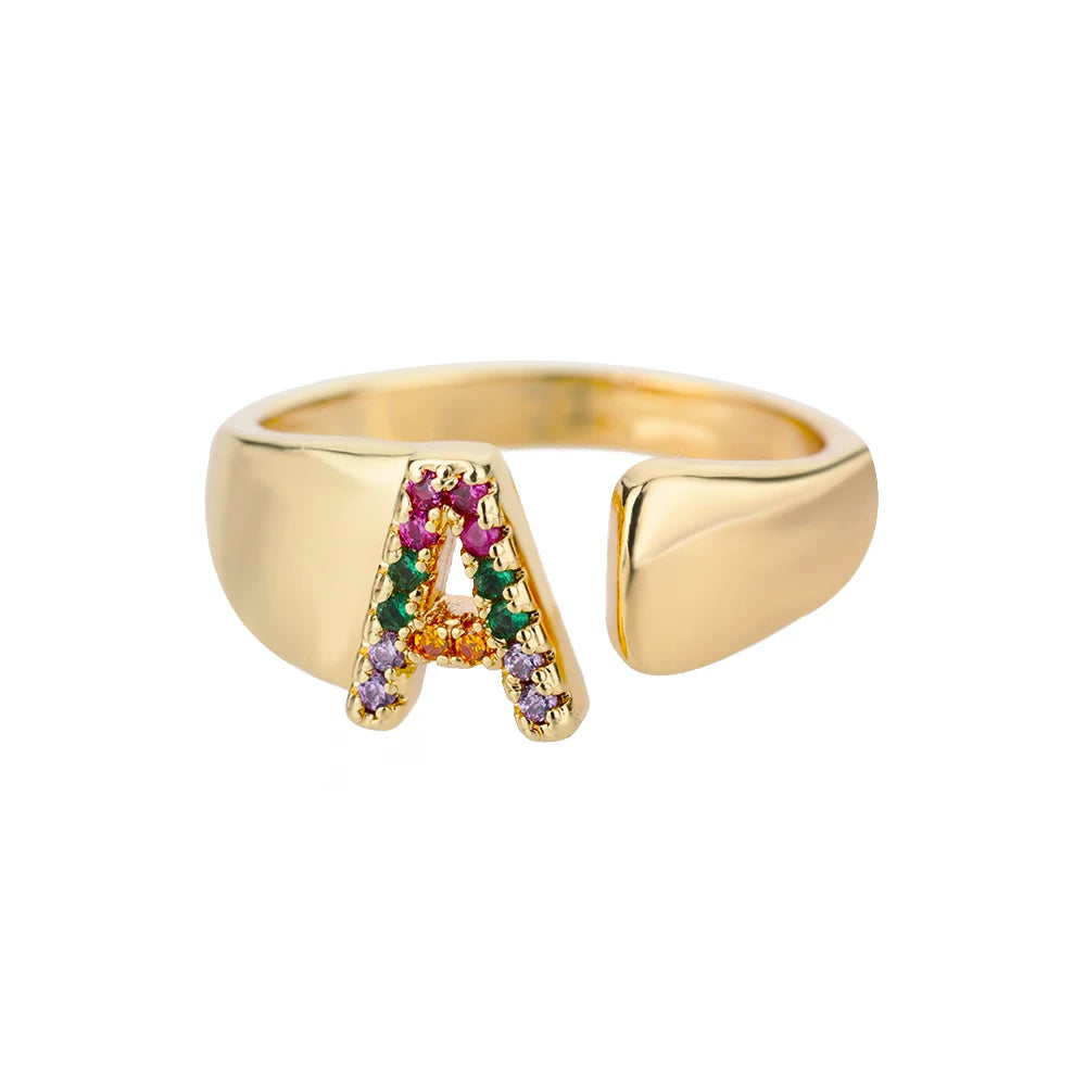 Rainbow Zircon Letter Rings For Women Fashion Chunky Wide Letter A-Z Stainless Steel Ring Wedding Boho-Dollar Bargains Online Shopping Australia