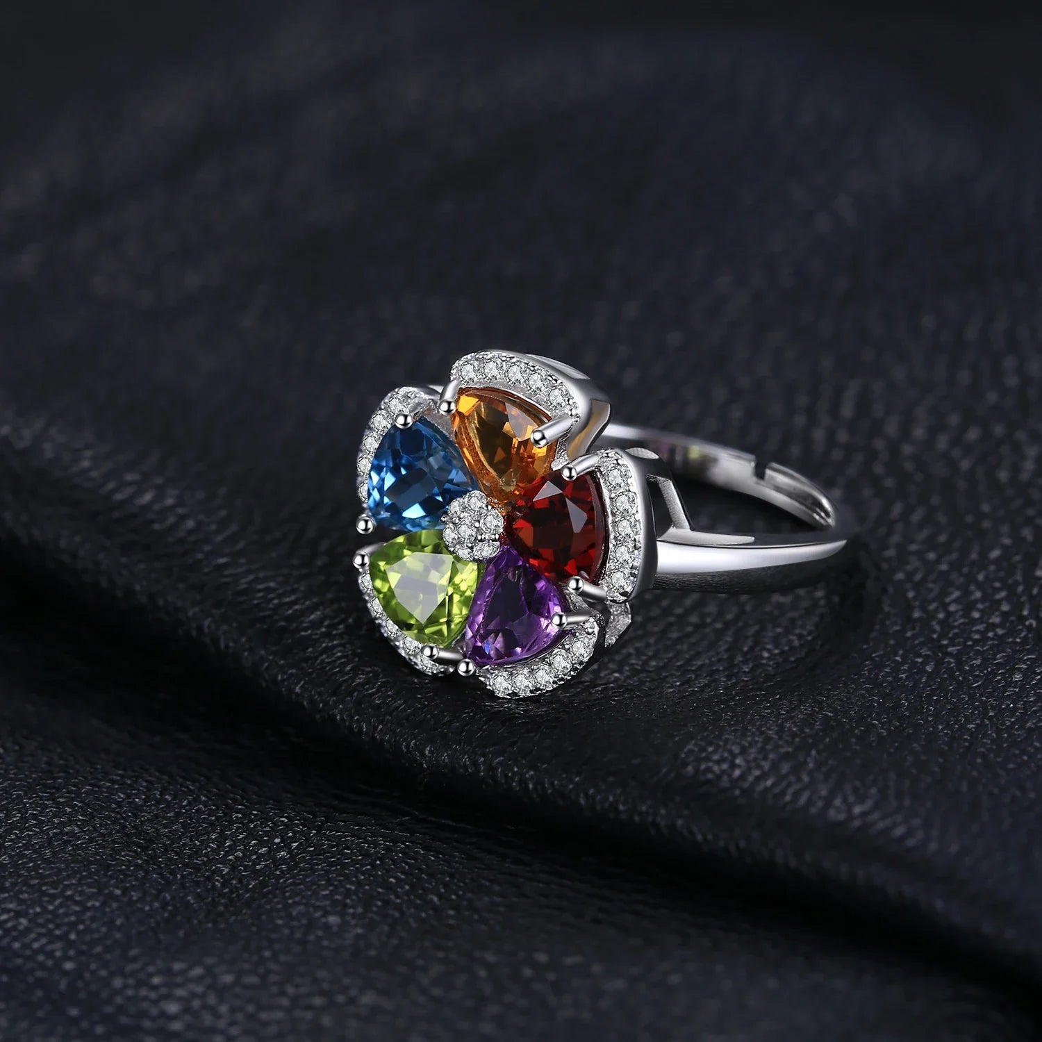 2.6ct Genuine Blue Topaz Amethyst Citrine Garnet Peridot Open Adjustable Cocktail Promise Ring 925 Sterling Silver
