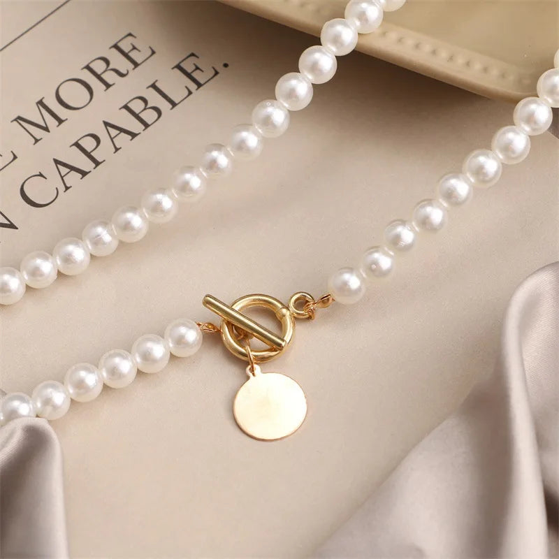 Wedding Pearl Choker Necklace For Women Vintage Coin Lock Pendant Chain Jewelry on the Neck Accessories Party Gift-Dollar Bargains Online Shopping Australia