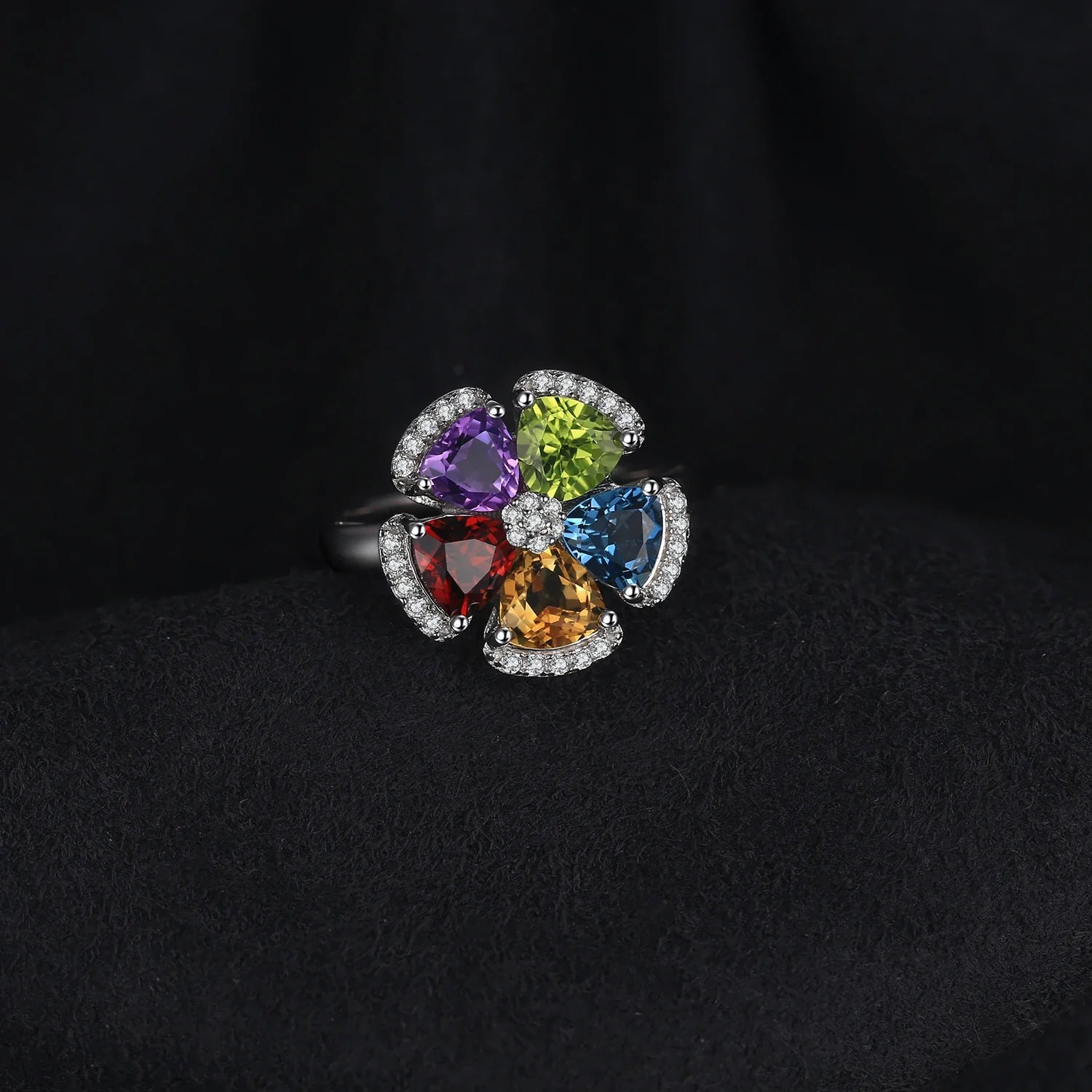 2.6ct Genuine Blue Topaz Amethyst Citrine Garnet Peridot Open Adjustable Cocktail Promise Ring 925 Sterling Silver