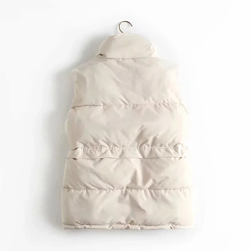 Women Solid Loose Vest Drawstring Stand Collar Long Vest Jacket  Cotton Padded Women Windproof Warm Waistcoat