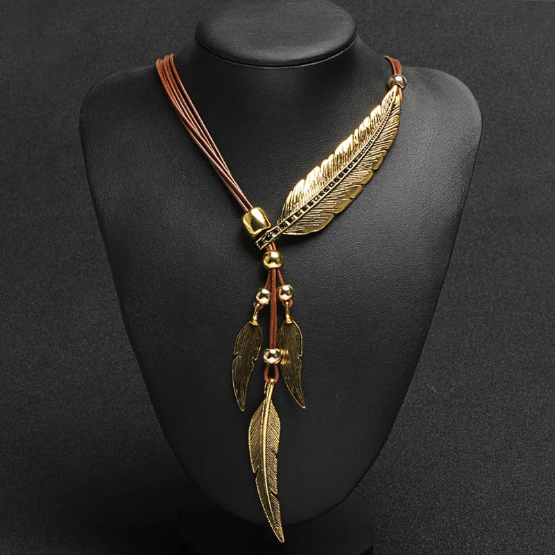 New Bohemian Style Rope Chain Leaf Feather Pattern Pendant For Women Fine Jewelry Statement Necklace-Dollar Bargains Online Shopping Australia